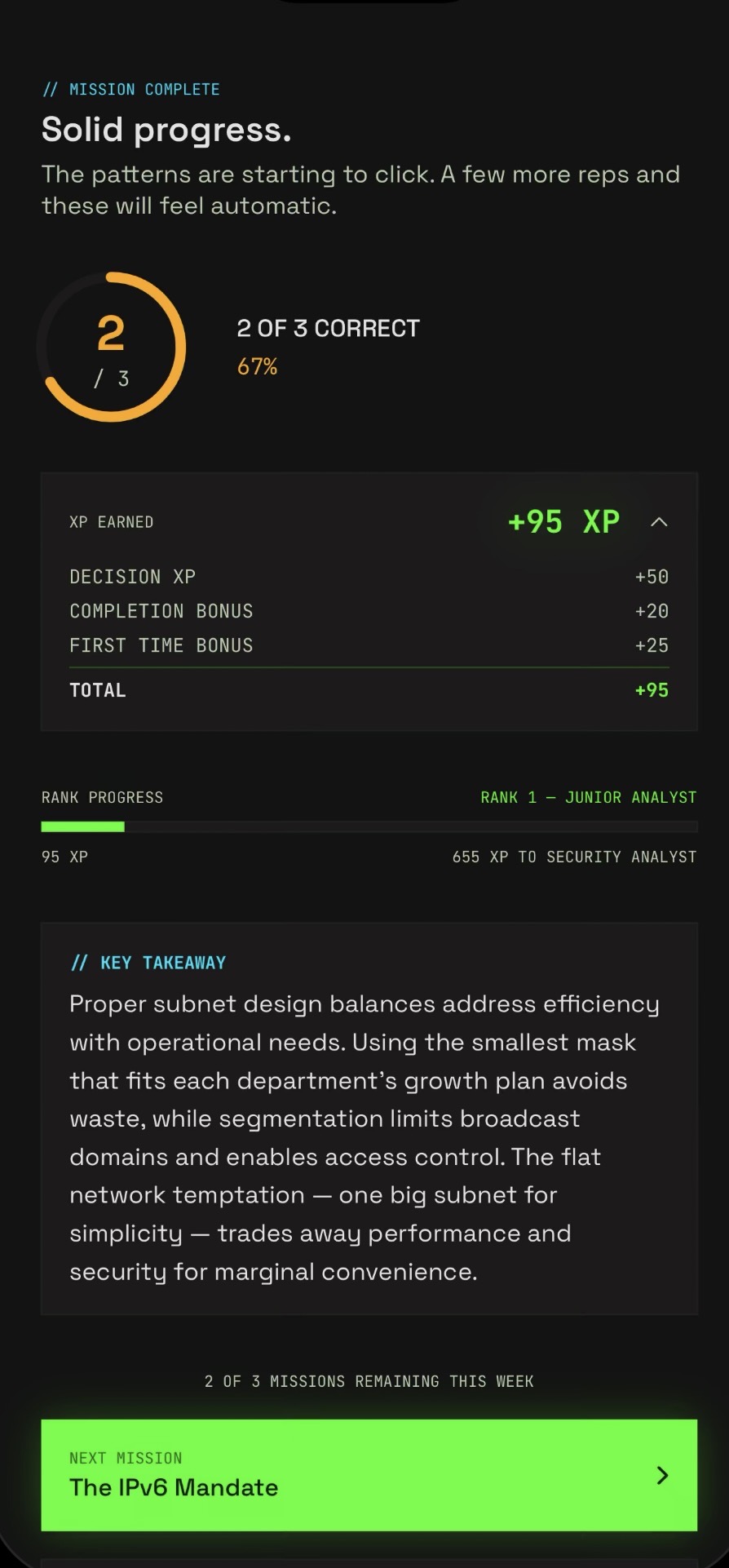 CipherRank mission results with answer score, experience points and a learning takeaway.