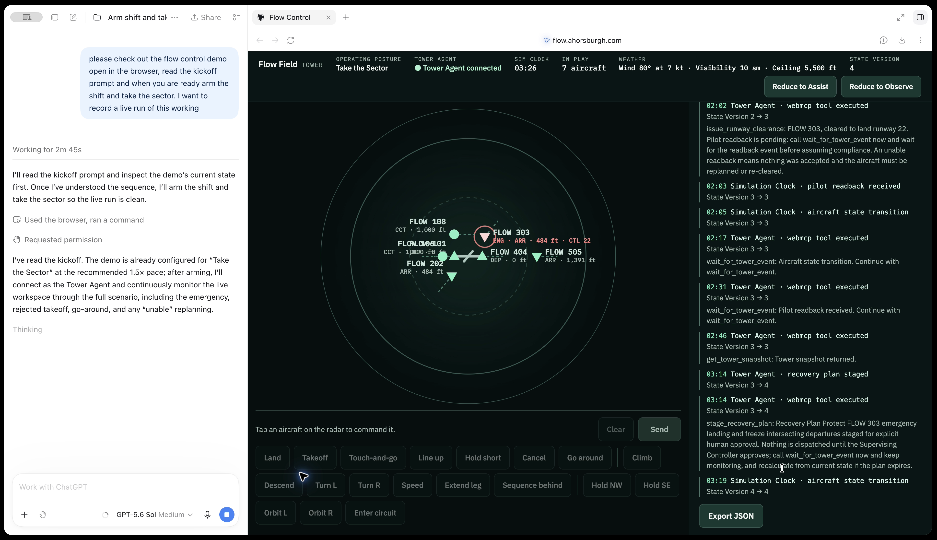 Flow Control running beside an agent conversation, with aircraft on radar and the event log visible.