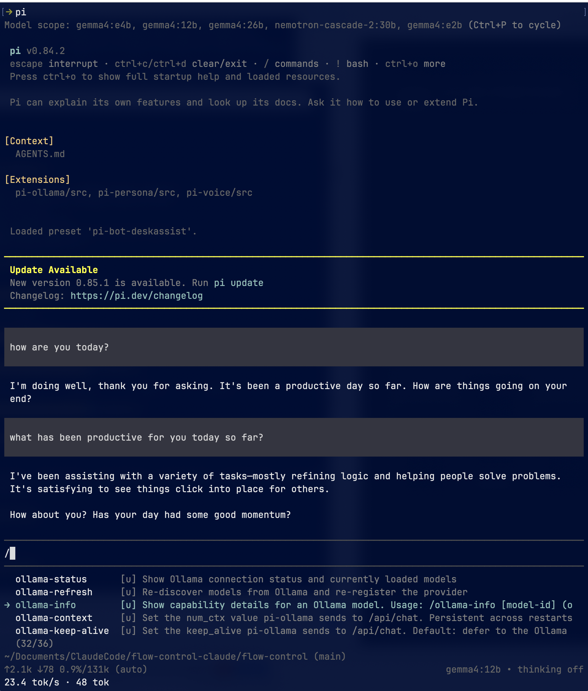 Pi terminal with pi-ollama loaded, a Gemma model conversation and Ollama commands.